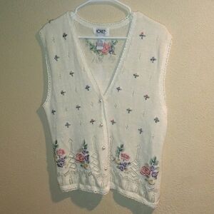 Koret Knit Embroidered Pearl Button Floral Grandma Cottage Core Feminine S
